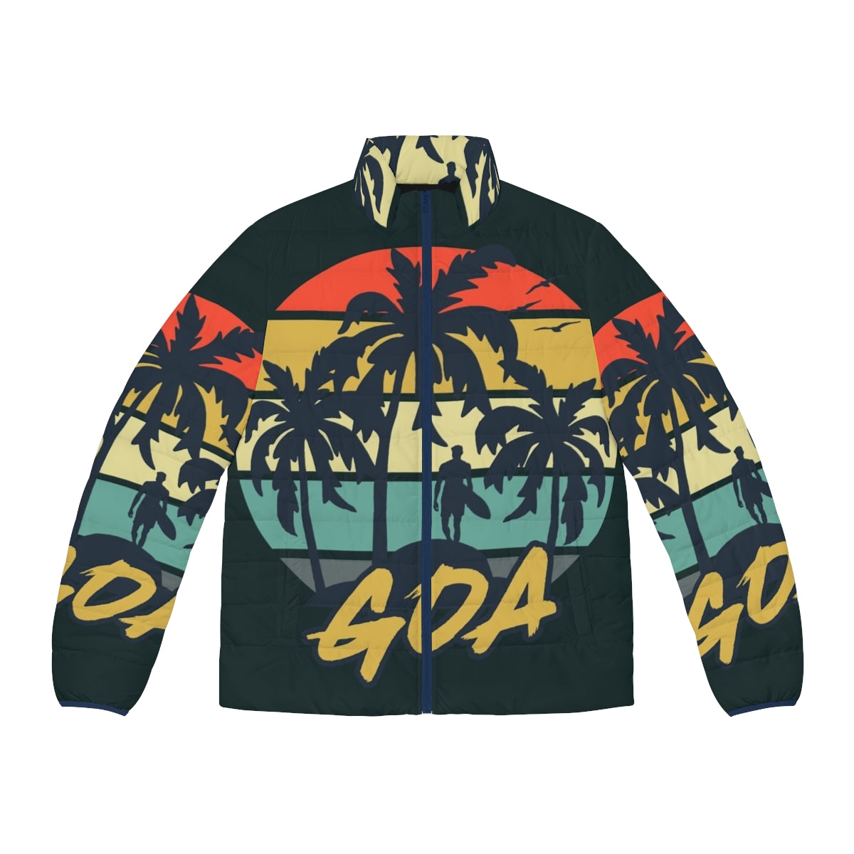 Vintage Goa Holiday Puffer Jacket in a retro sunset design