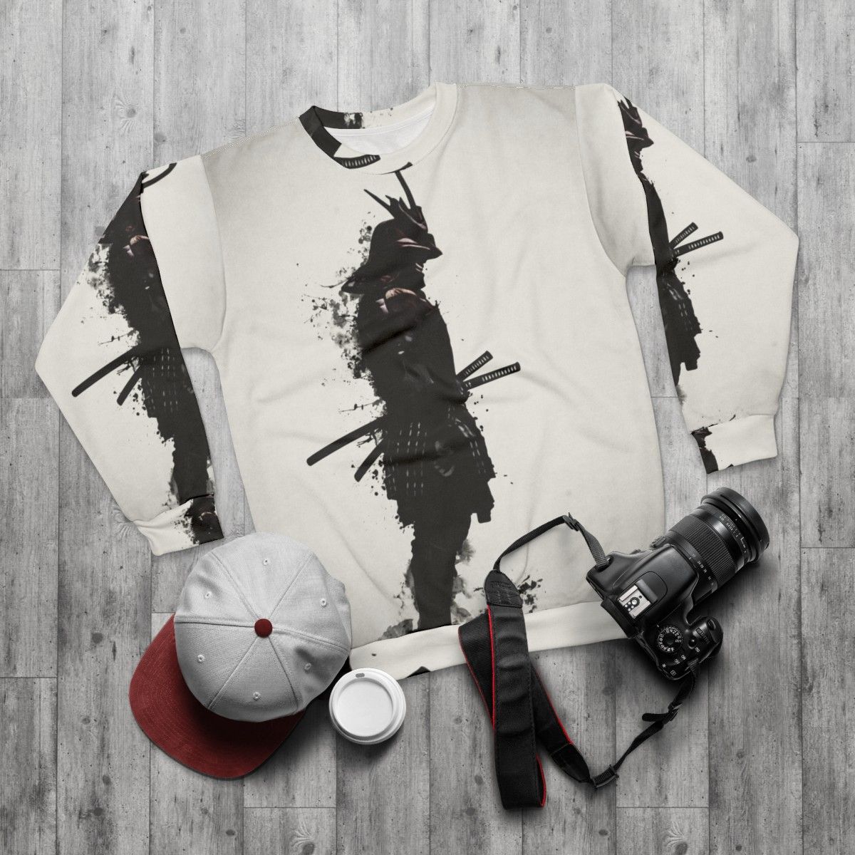 Armored samurai warrior sweatshirt with Japanese katana design - flat lay