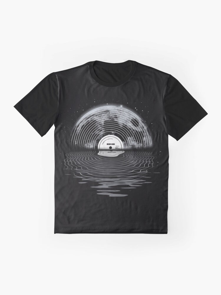 Graphic t-shirt with a moon and stars design, featuring a retro music and space theme. - Flat lay