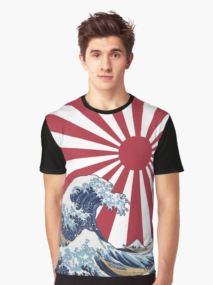T-shirt design featuring the Great Wave off Kanagawa and the rising sun, representing Japanese culture and the "Land of the Rising Sun". - Men