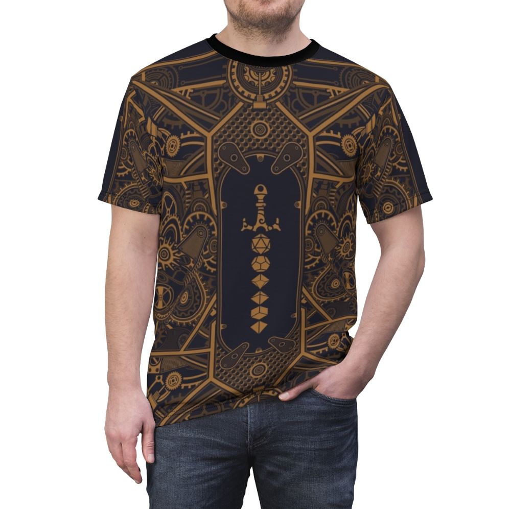 Steampunk-inspired t-shirt featuring polyhedral dice and a sword design - men front