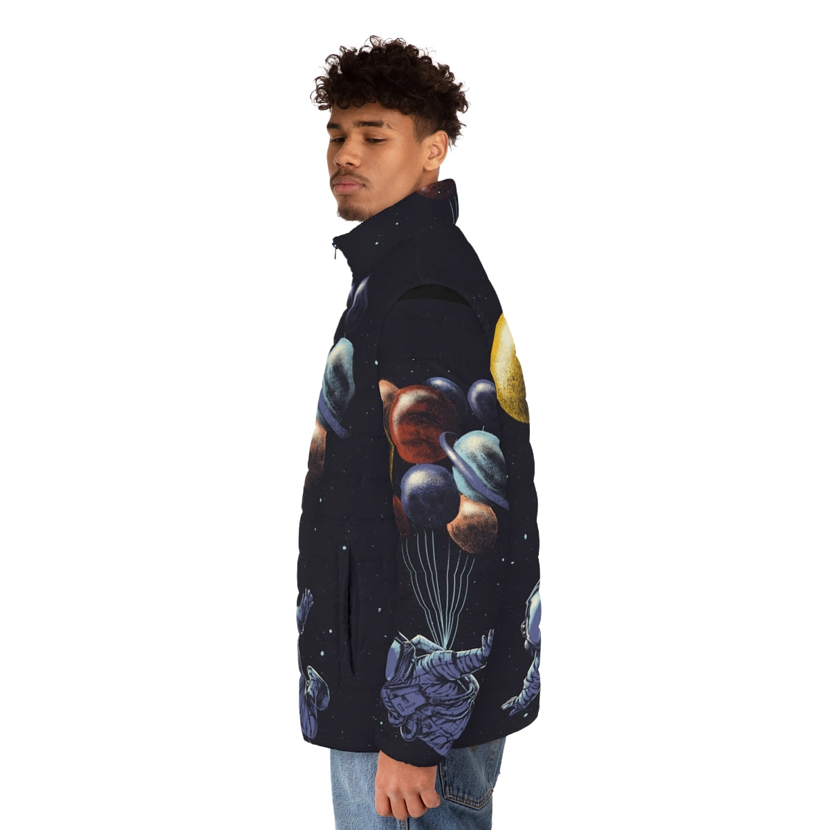 Astronaut in a colorful space travel puffer jacket floating among planets and stars - men side left