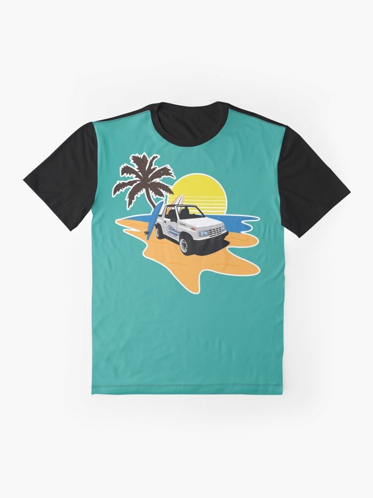 Stylish graphic t-shirt featuring a beach, geo tracker, and summer landscape design - Flat lay