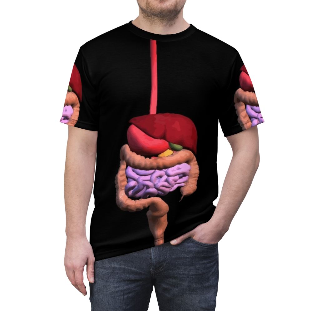 Colorful illustration of the human digestive system on a comfortable t-shirt for medical, biology, and anatomy enthusiasts. - men front