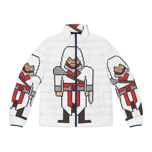 Assassin's Creed Ezio pixel art puffer jacket with focus on gaming and pixel art design