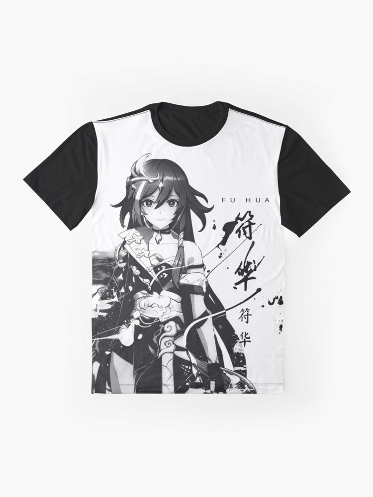 A dark graphic t-shirt featuring the Herrscher of Sentience, Kiana Kaslana, from the Honkai Impact anime-inspired game. - Flat lay