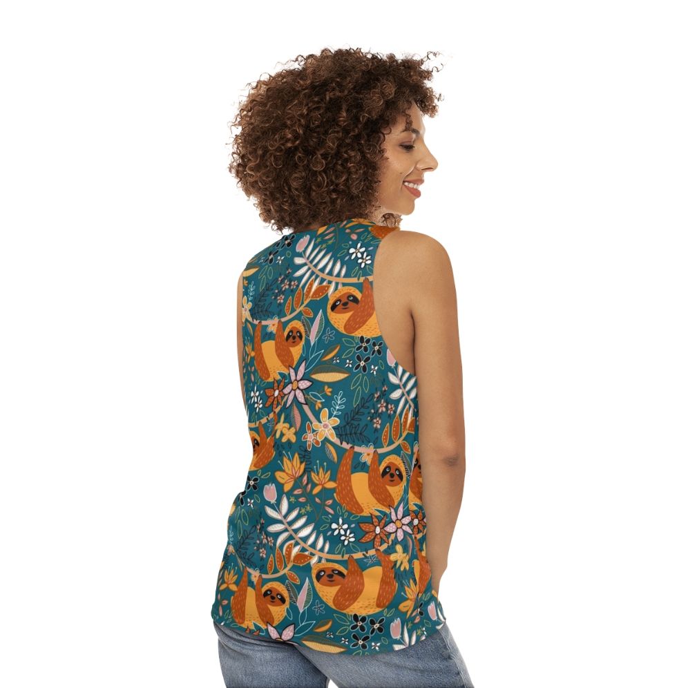 Boho sloth floral teal unisex tank top - women back