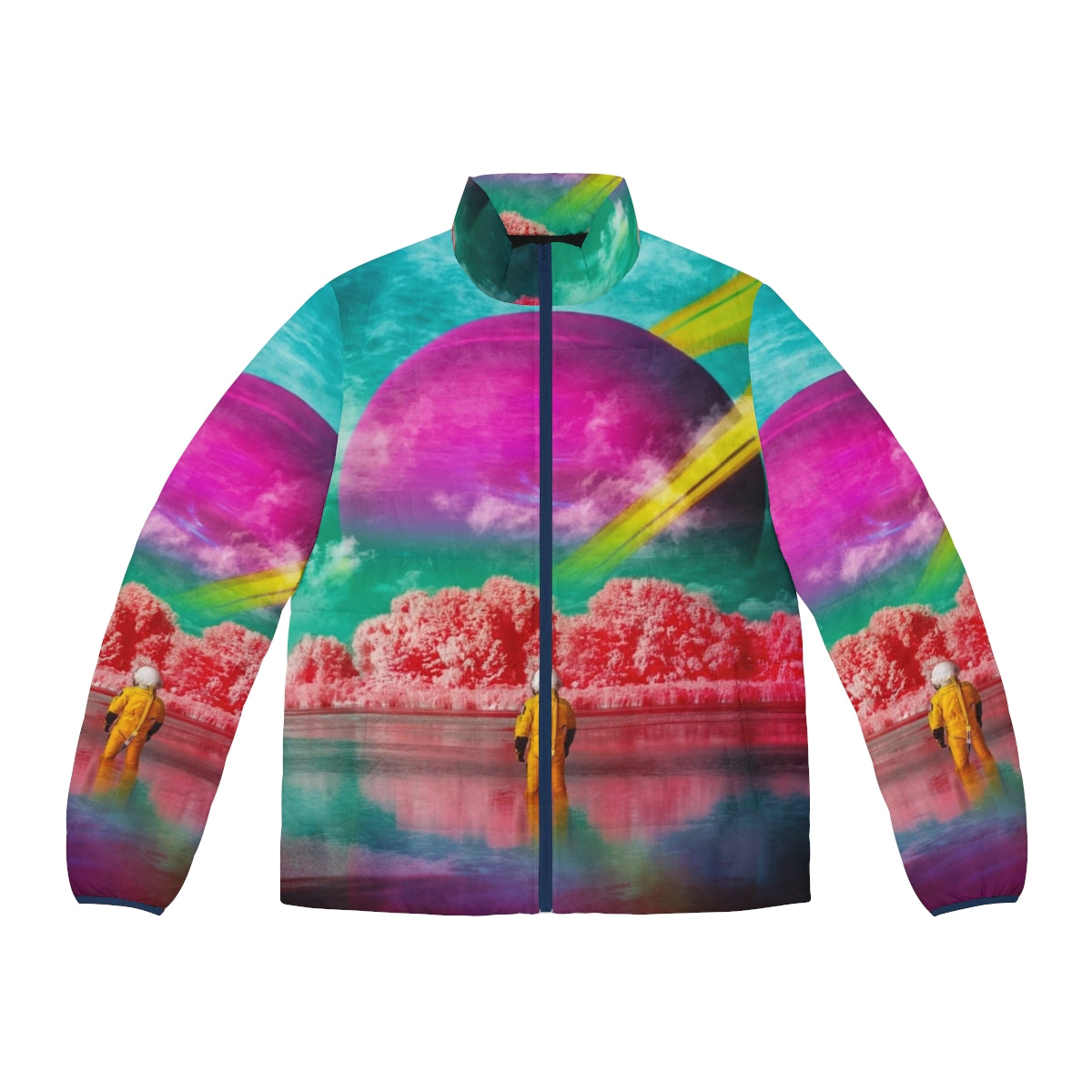 Surreal puffer jacket with digital art collage featuring an astronaut and a river