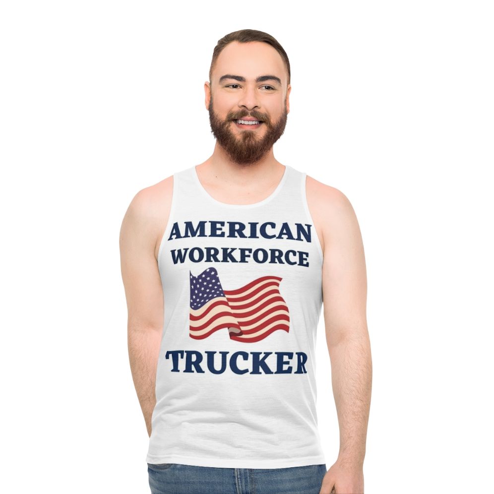 Patriotic trucker tank top with American workforce slogan - men