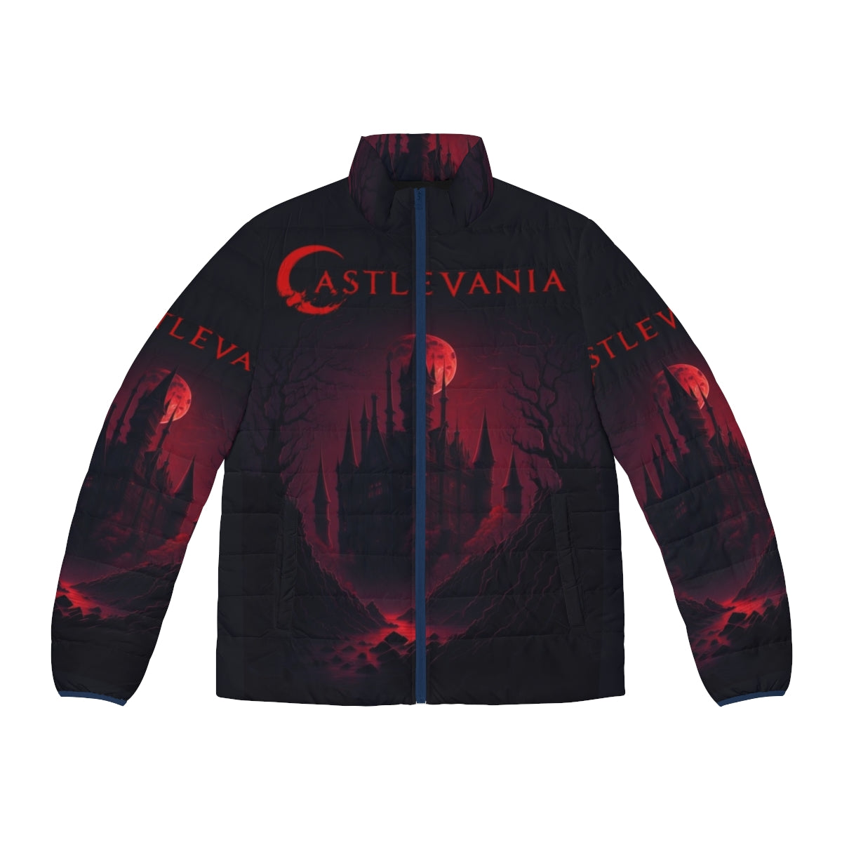 Castlevania: A Dark Place Puffer Jacket, featuring characters from the Netflix anime series