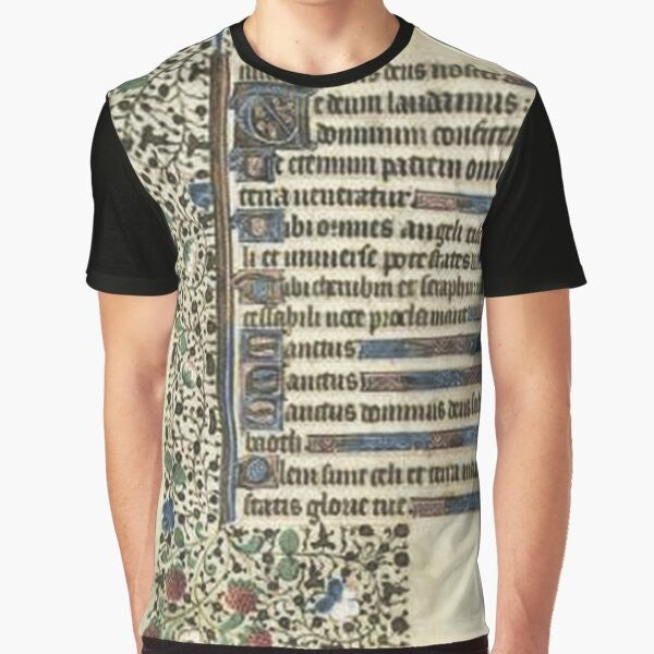 Intricate and ornate illuminated manuscript page design on a graphic t-shirt