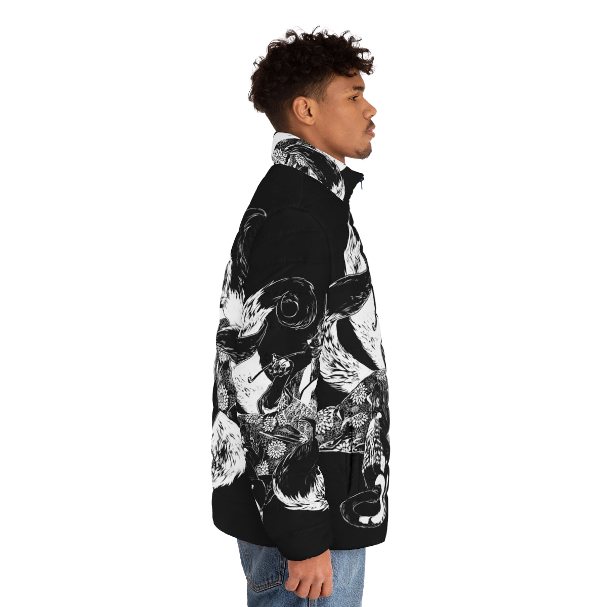 An inverted puffer jacket featuring a design of a nekomata (a two-tailed cat demon) arguing with a kitsune (a fox spirit) from Japanese mythology. - men side right