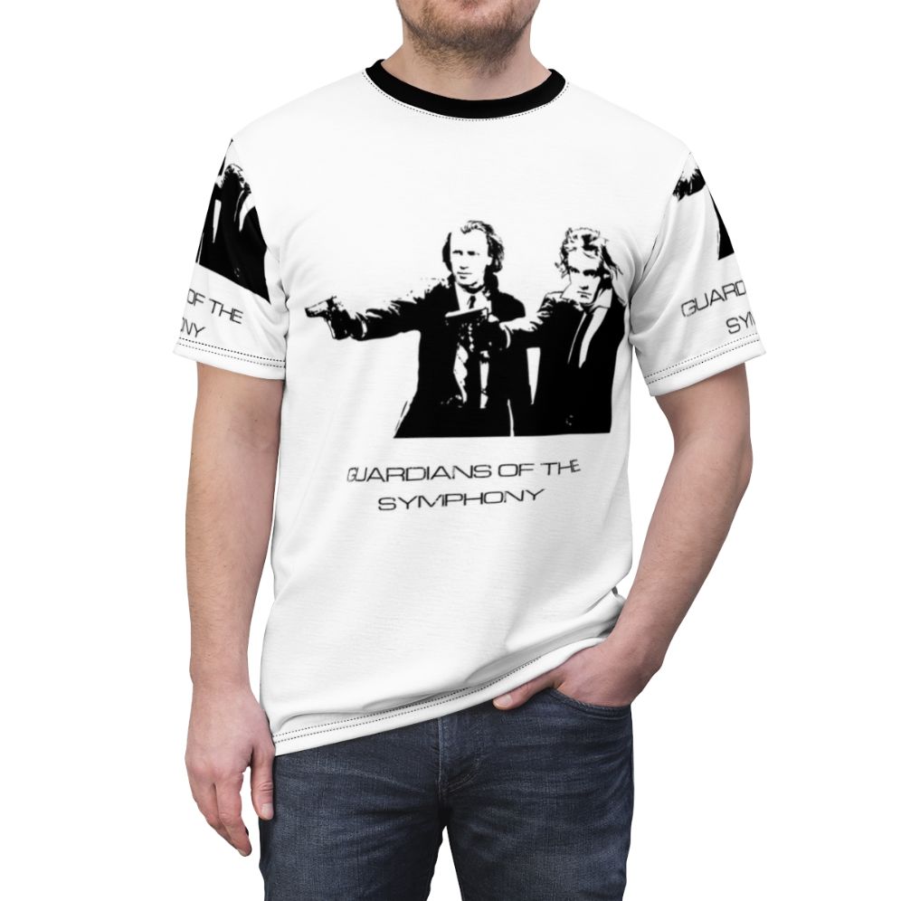 A t-shirt design featuring the names of famous classical music composers like Beethoven, Brahms, Mozart, and Chopin, with musical instruments like piano, violin, trumpet, and more. - men front