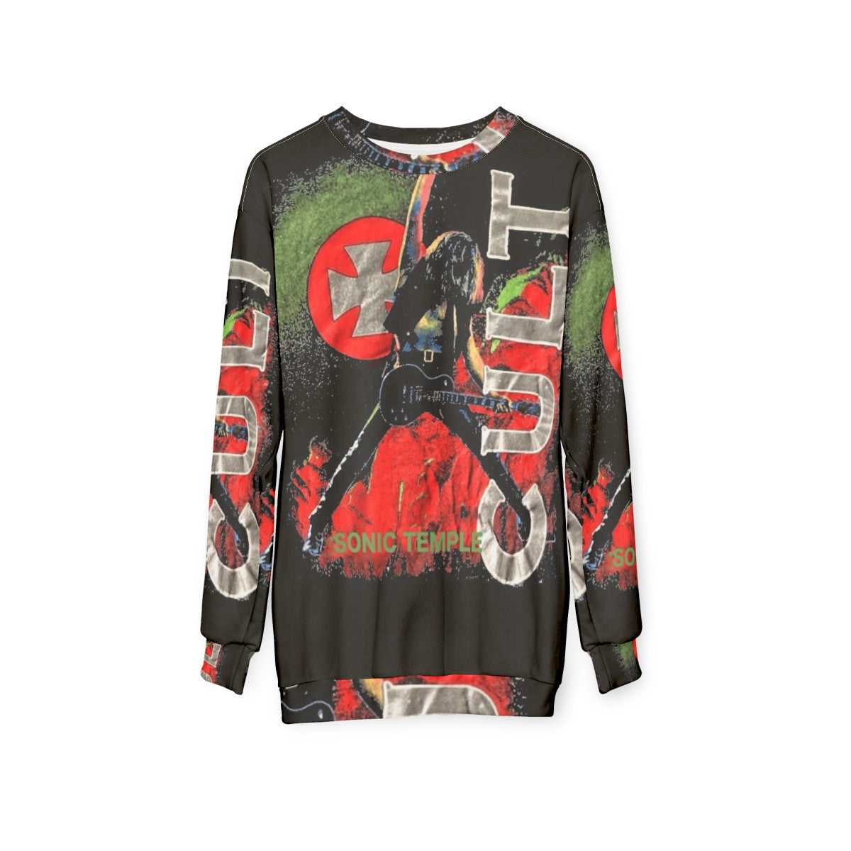 Vintage Sonic Temple Cult Sweatshirt featuring 80s heavy metal band The Cult - hanging