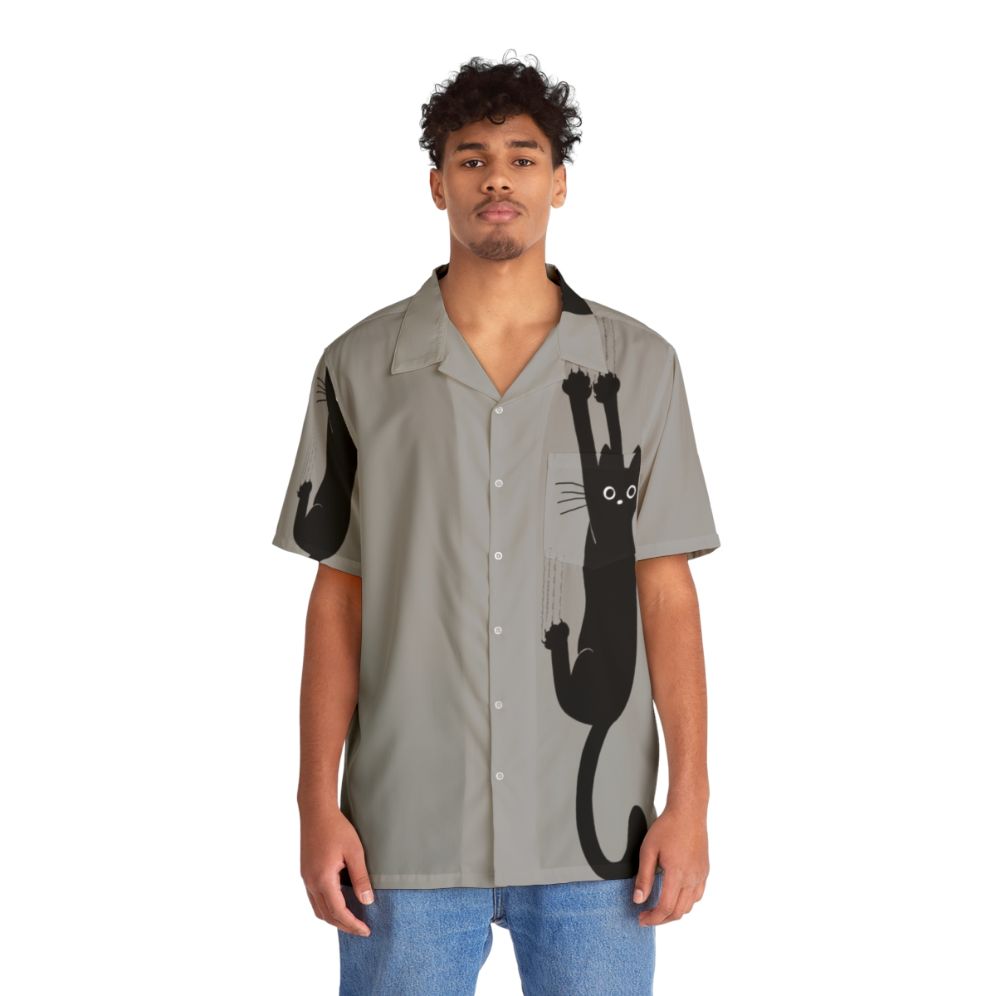 Funny black cat cartoon design on a Hawaiian-style shirt - People Front