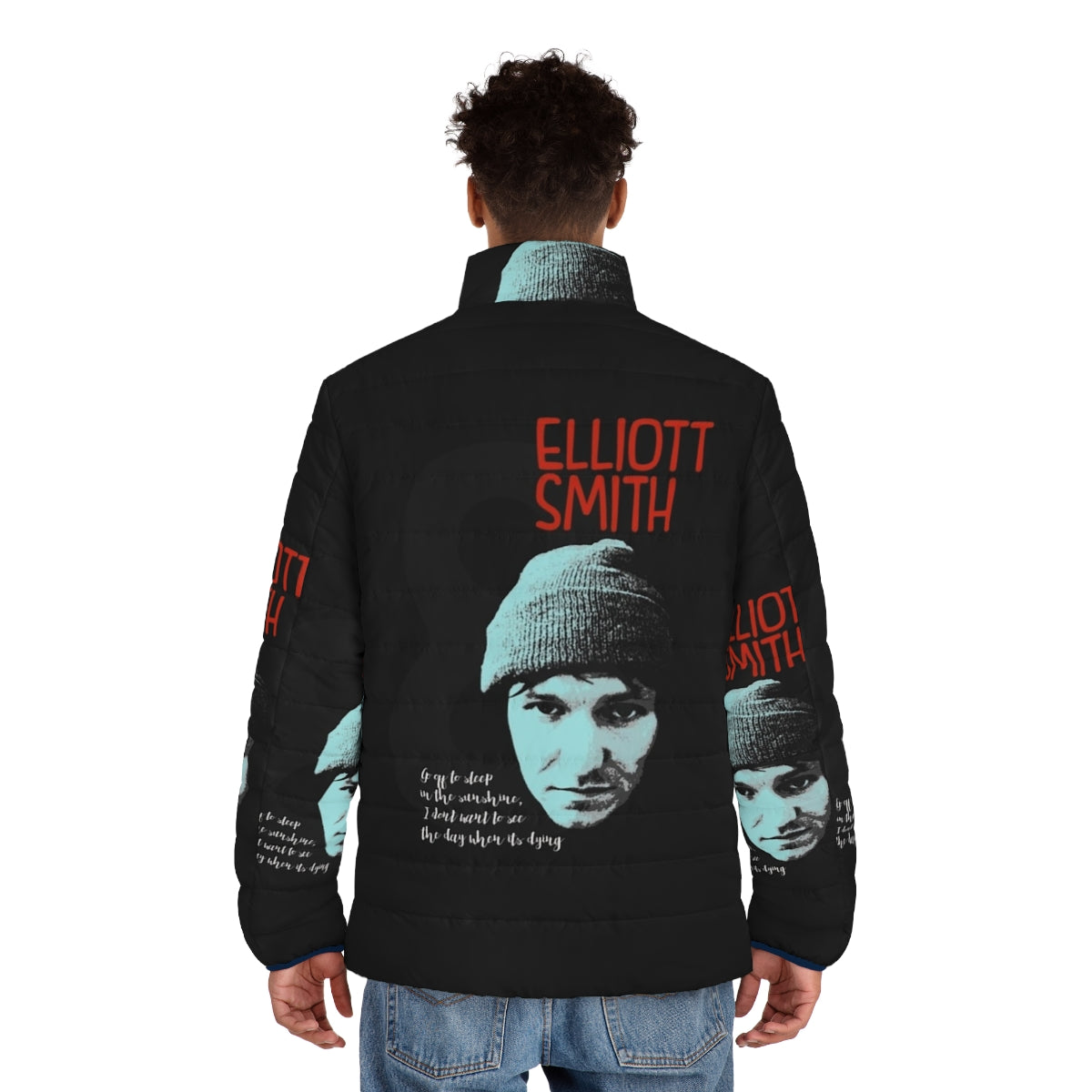 Elliott Smith Art Puffer Jacket with Indie Music Inspired Lettering and Graphics - men back