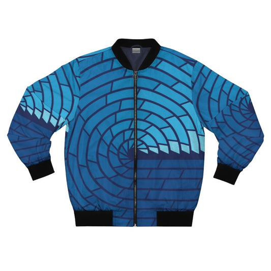 Minimalist ocean-inspired bomber jacket with geometric, mosaic-style design