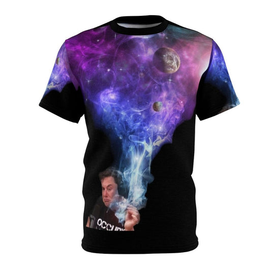 Elon Musk-inspired t-shirt design featuring a graphic of Elon smoking weed in outer space