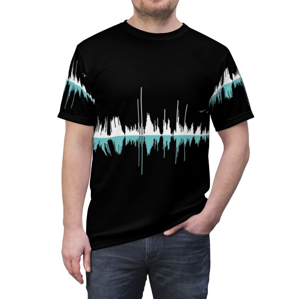 Black and white graphic t-shirt with a sound wave and city skyline design - men front