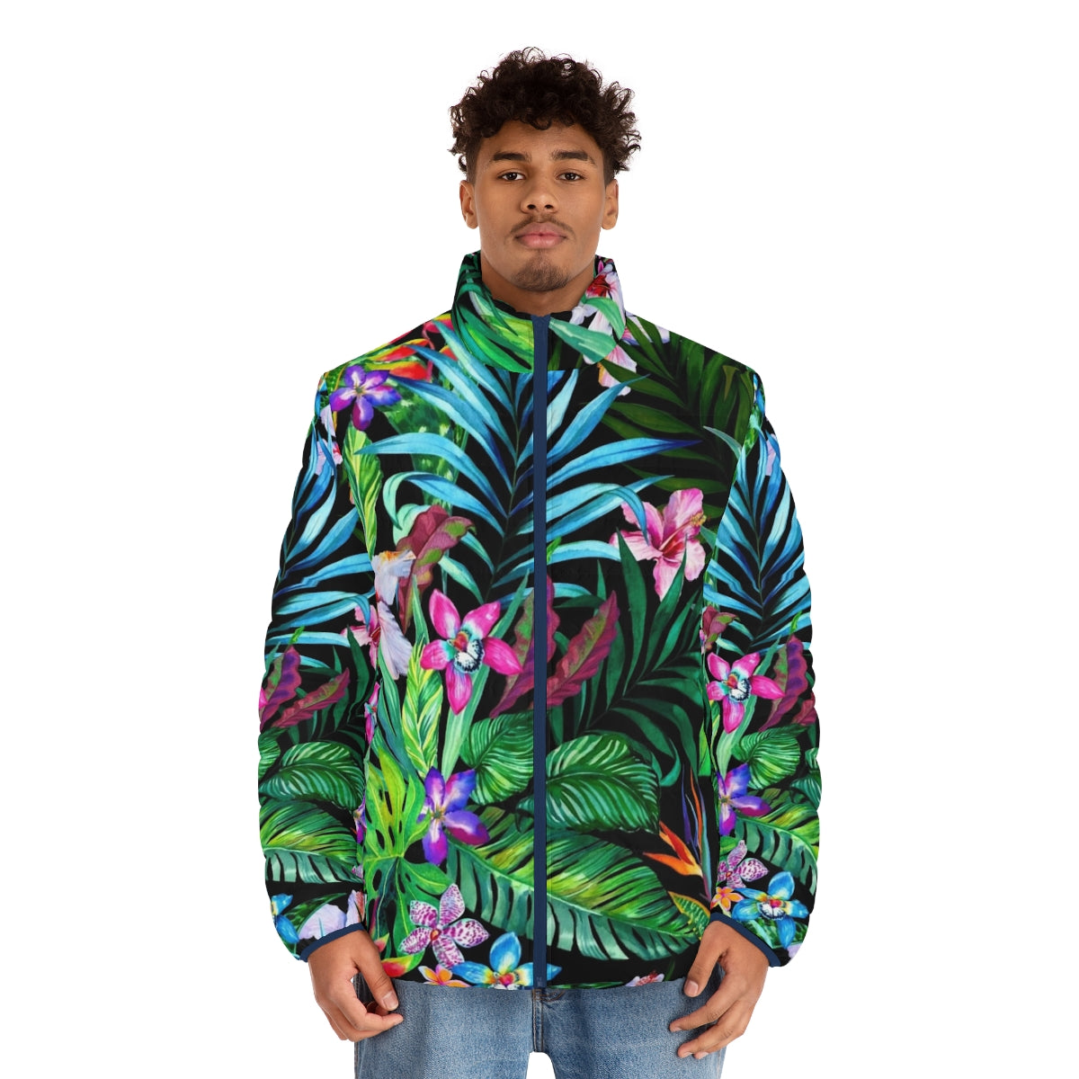 Tropical Fest Puffer Jacket with vibrant floral and leaf pattern - men front