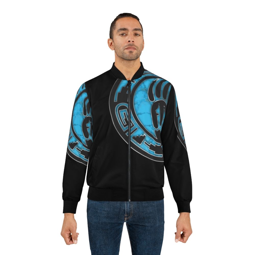 Hopi Native American bomber jacket with turquoise and cultural intertribal design - Lifestyle