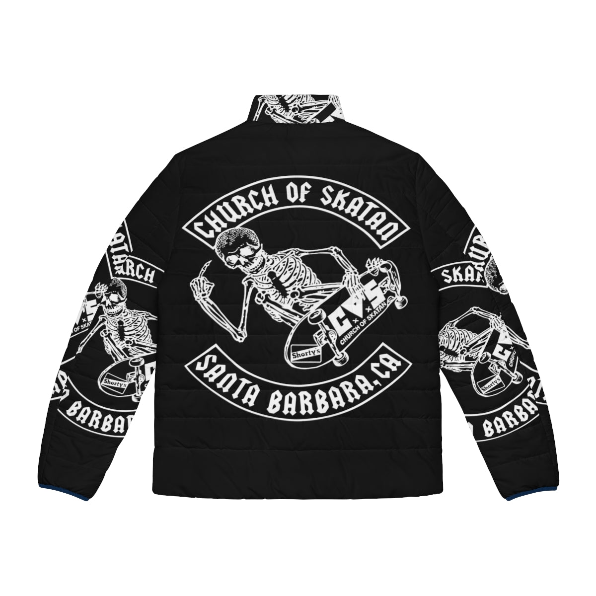 Church of Skatan white puffer jacket with skeleton design - Back