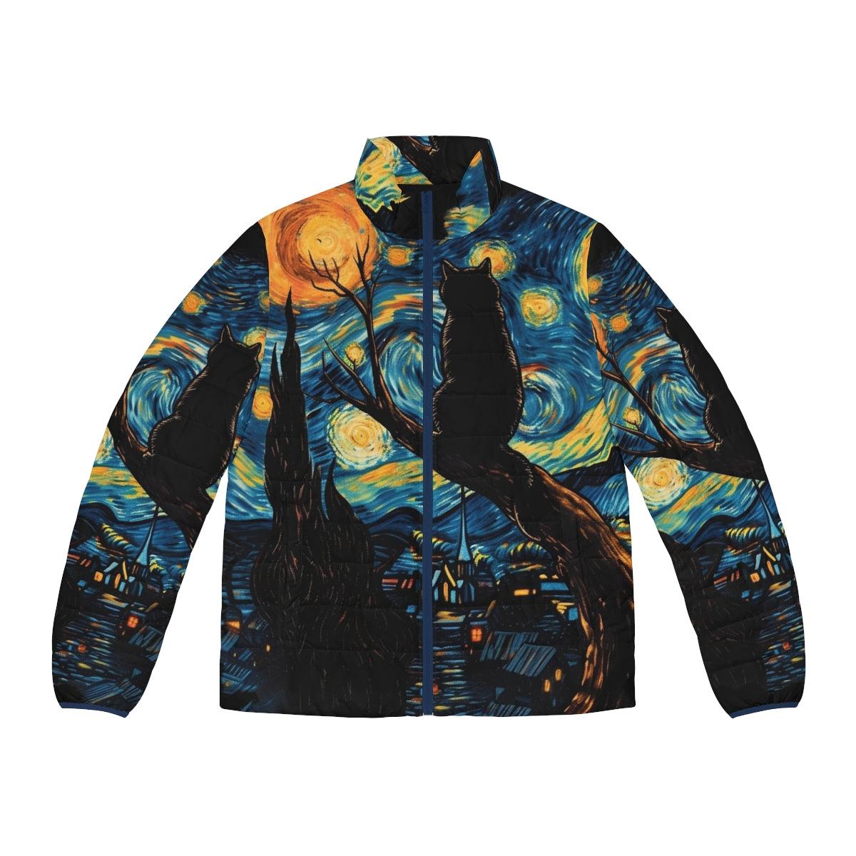 Vincent Van Gogh Starry Night inspired black cat puffer jacket