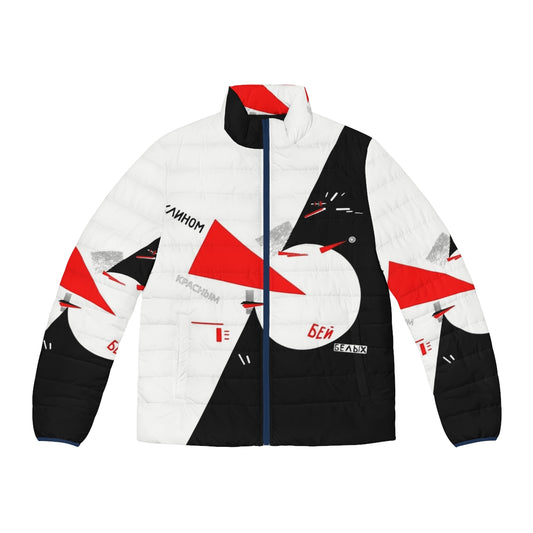 Constructivism-inspired puffer jacket with Soviet-era design by El Lissitzky