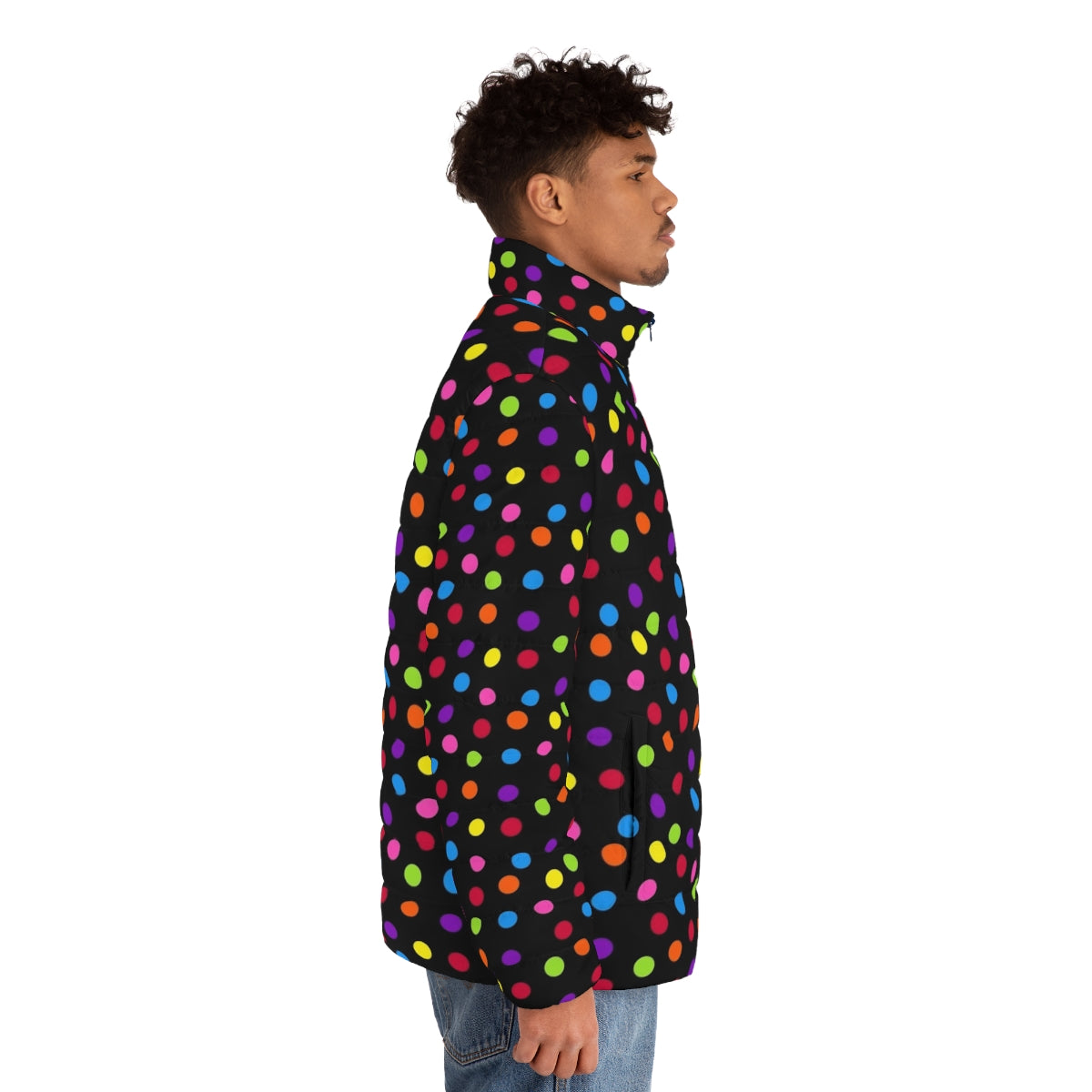 A colorful and unique rainbow puffer jacket with a confetti polka dot pattern - men side right