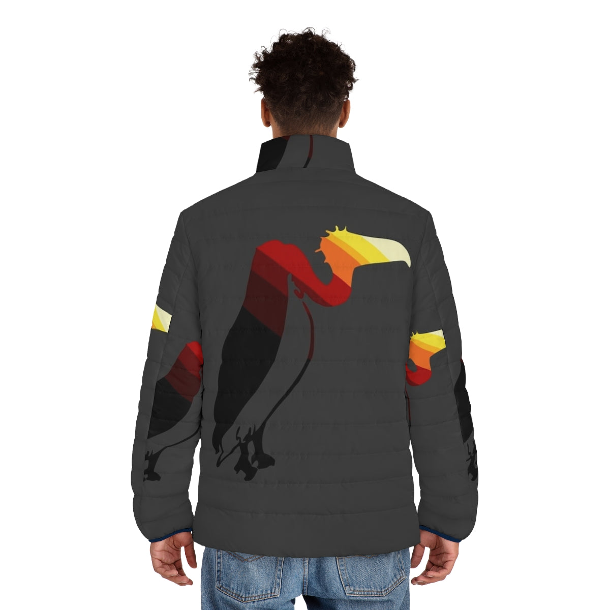 Vulture puffer jacket with colorful abstract art design - men back