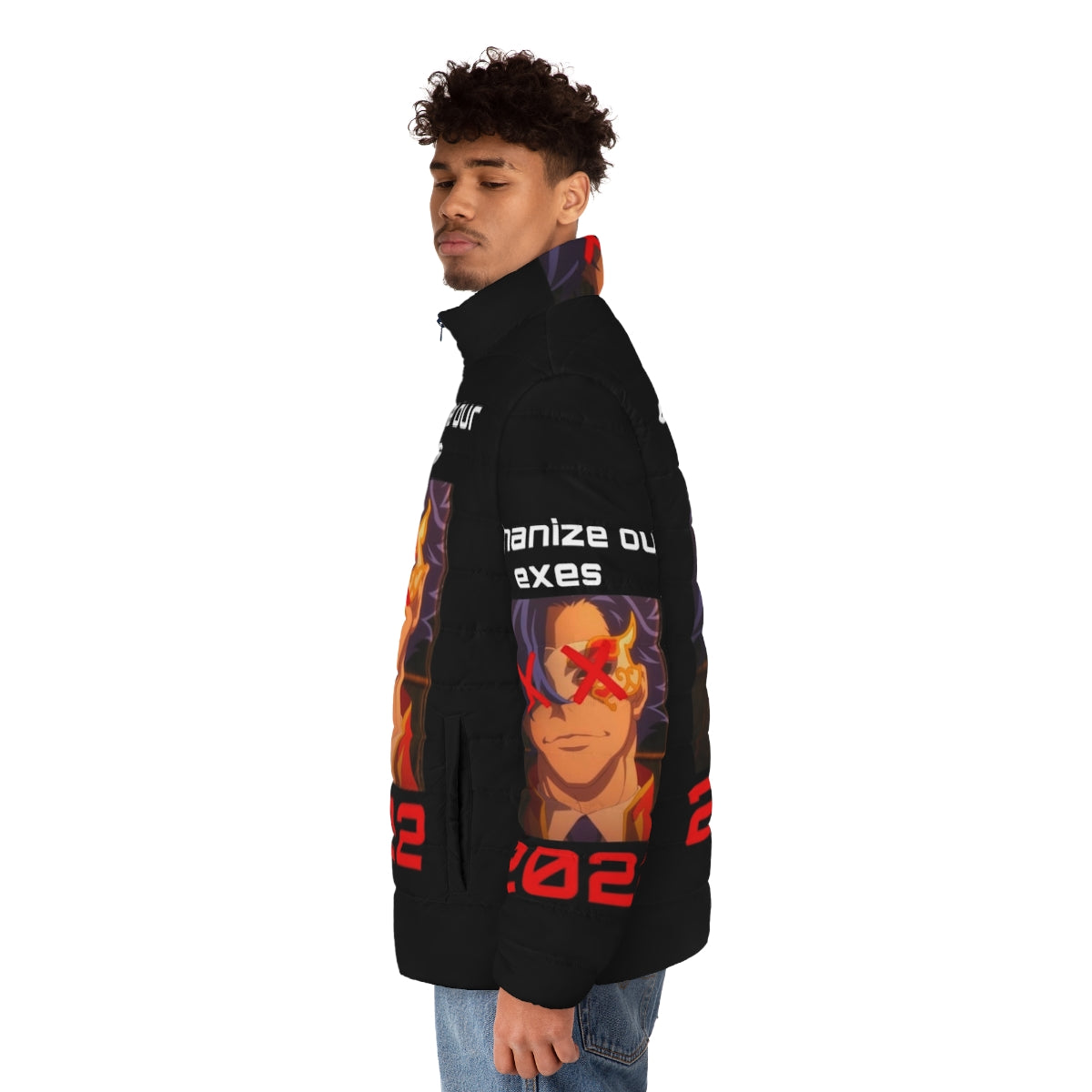 Anime-inspired puffer jacket with Sk8 the Infinity graphic design - men side left