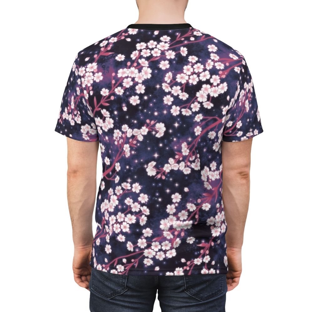 Vibrant t-shirt featuring a stunning sakura galaxy pattern with shimmering stars and petals. - men back