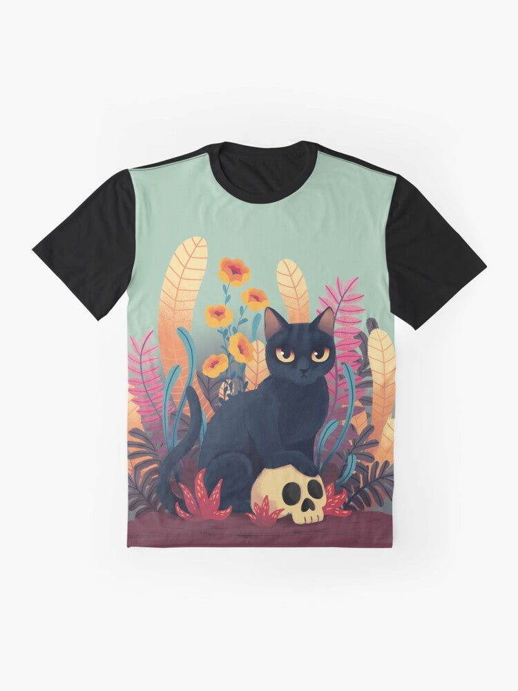 Cartoon image of a black cat with a skull and flowers on a graphic t-shirt design - Flat lay