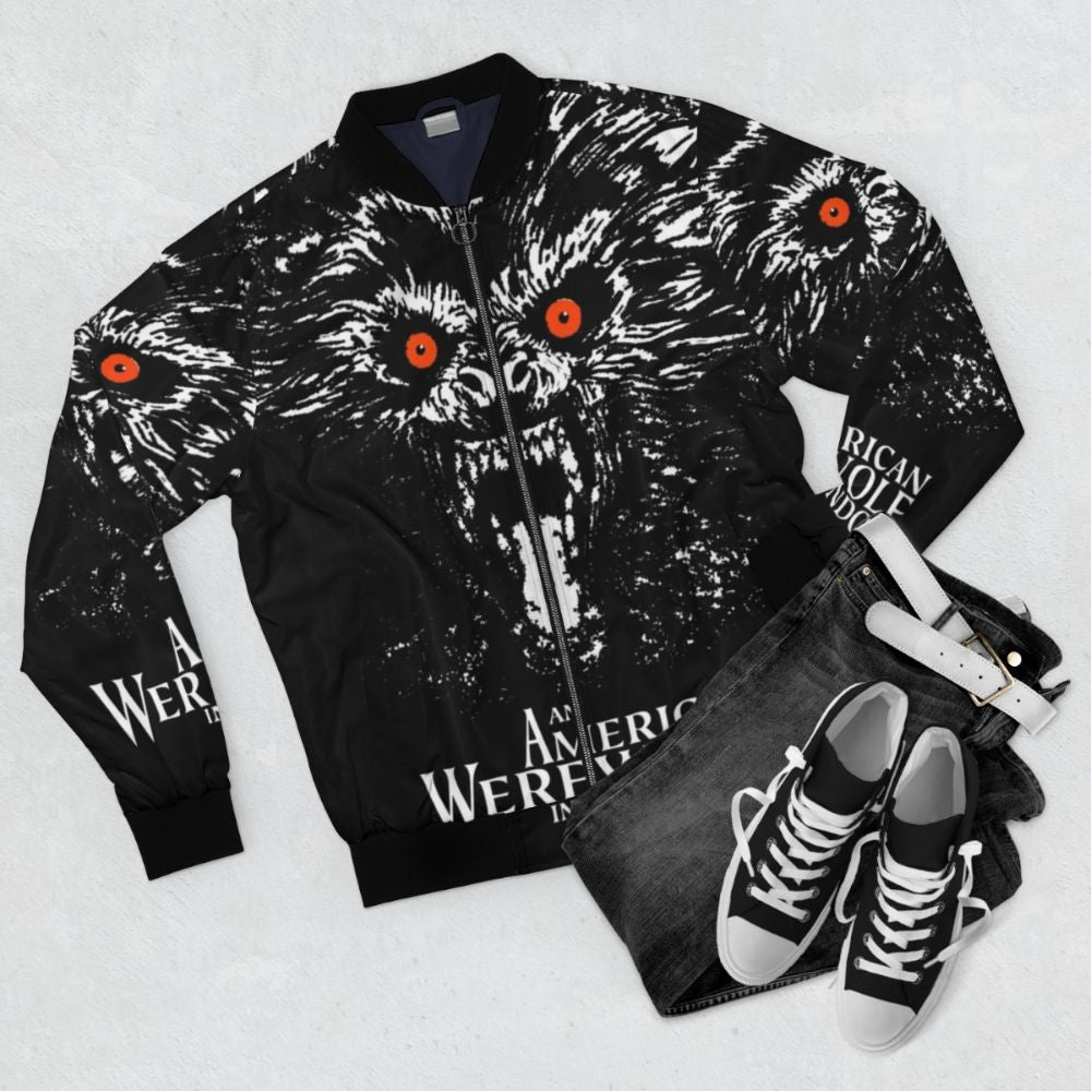 Bomber jacket featuring a graphic design of a werewolf transforming during a full moon in London. - Flat lay