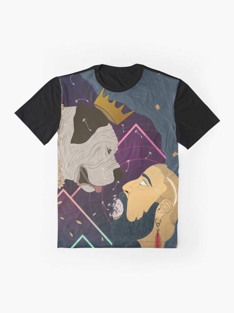 Graphic t-shirt design featuring the Tarot card 'The Fool' with a long-haired man and his dog - Flat lay