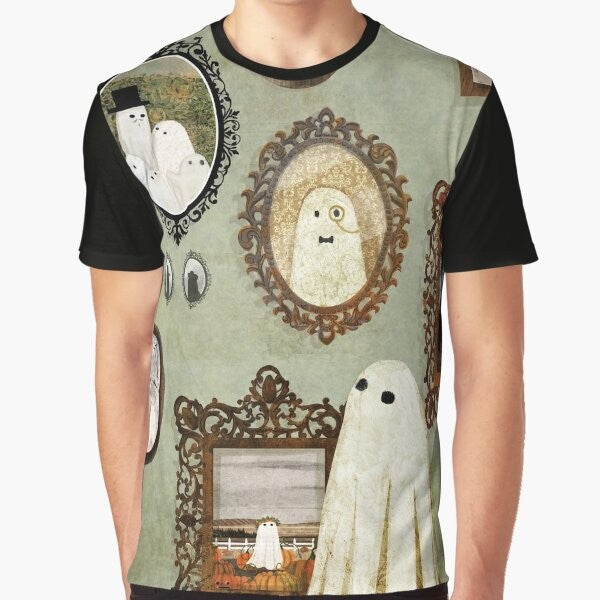 Vintage-style graphic t-shirt with a ghostly figure in a portrait gallery