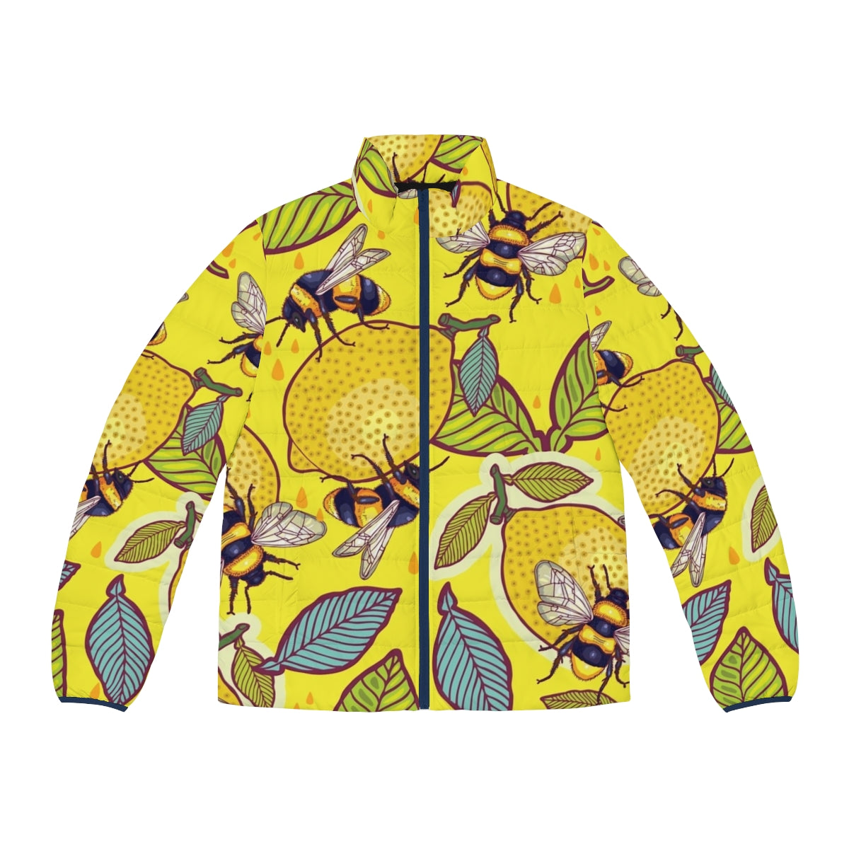 Yellow puffer jacket with bees and flowers in a garden