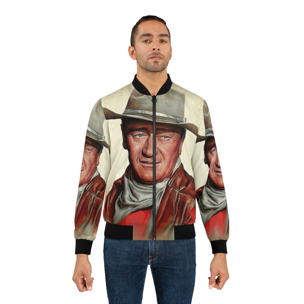 Western Icons 2 Duke Bomber Jacket featuring an iconic portrait of legendary actor John Wayne in a retro, vintage style. - Lifestyle