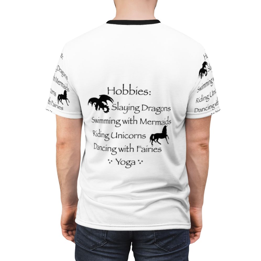 Vibrant all-over-print t-shirt featuring a fantasy-inspired design with hobbies, magic, and mythical creatures. - men back