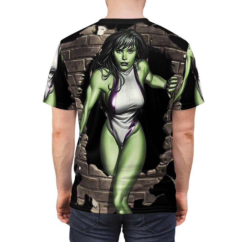 Vibrant green girl AOP t-shirt with fantasy film and action movie-inspired design - men back