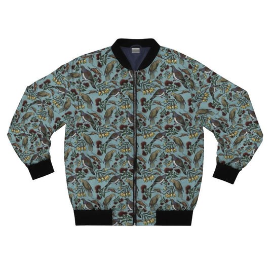 Kiwiana - Into the Forest (Moss) Bomber Jacket featuring New Zealand native flora and birds