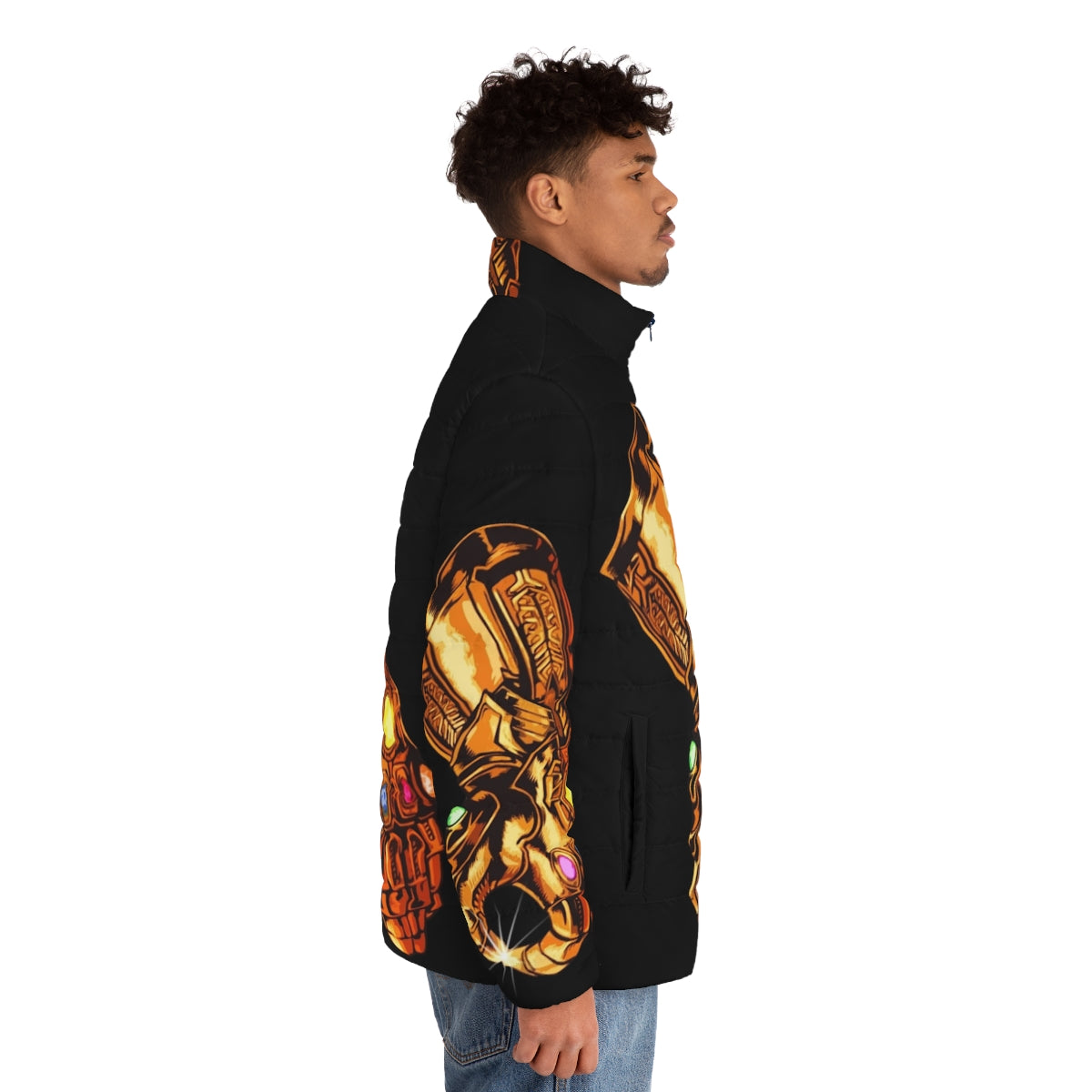 Infinity Gauntlet Circle Game Puffer Jacket featuring Thanos, Hulk, Thor, Iron Man, and Captain America - men side right