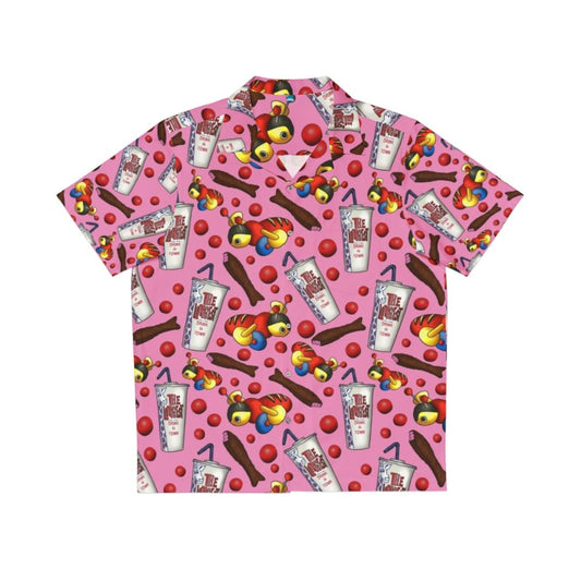 Kiwiana-inspired pink Hawaiian shirt with kawaii-style elements