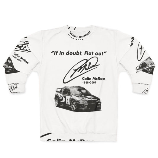 Subaru sweatshirt with "If In Doubt, Flat Out" motorsport design