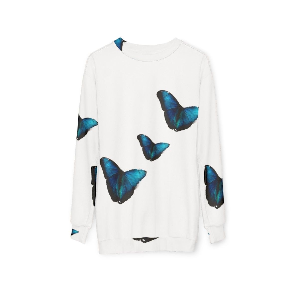 Sustainable electric blue morpho butterfly sweatshirt - hanging