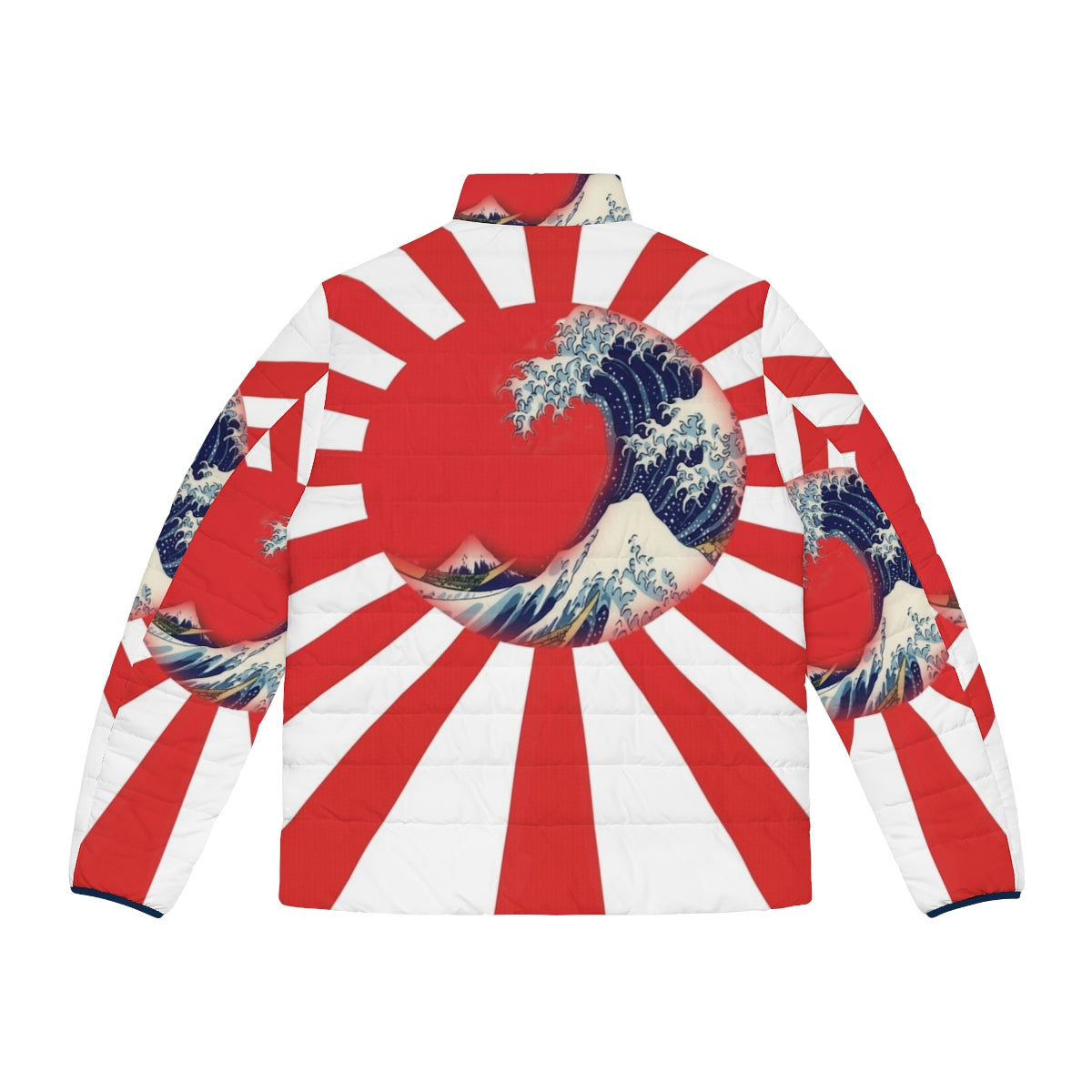 Person wearing a puffer jacket with the iconic "Great Wave off Kanagawa" design by Hokusai - Back