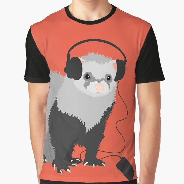 Illustration of a ferret wearing headphones and playing music, focus keyword: ferret, music, musician