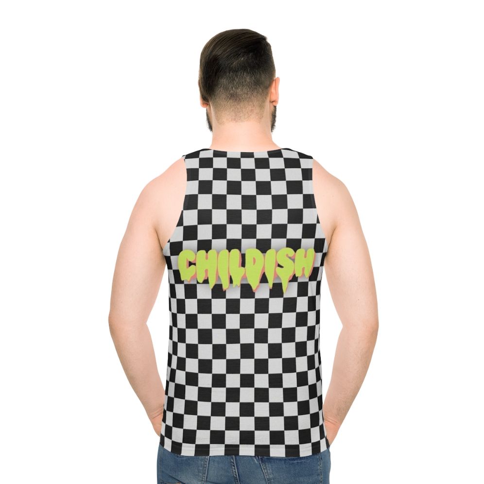 Unisex tank top with Tgfbro Childish B&W graphic design - men back