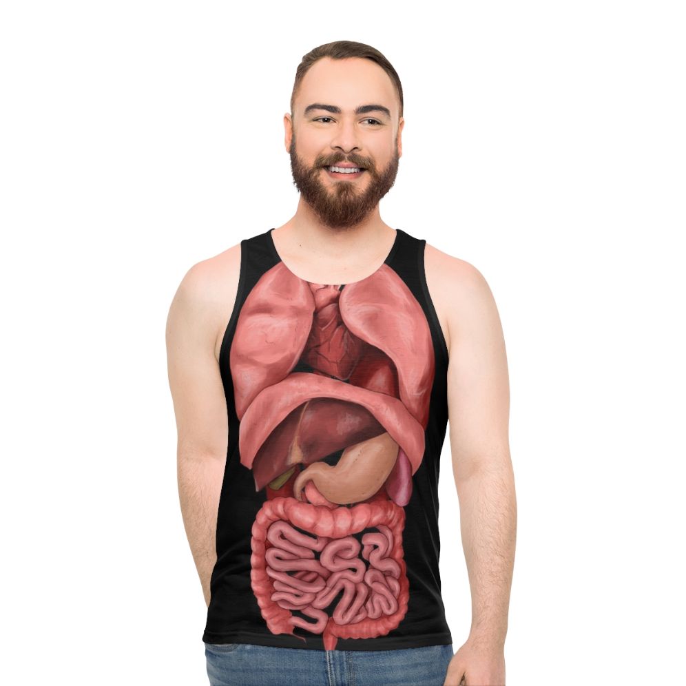 Unisex tank top featuring a watercolor illustration of the human internal organs - men