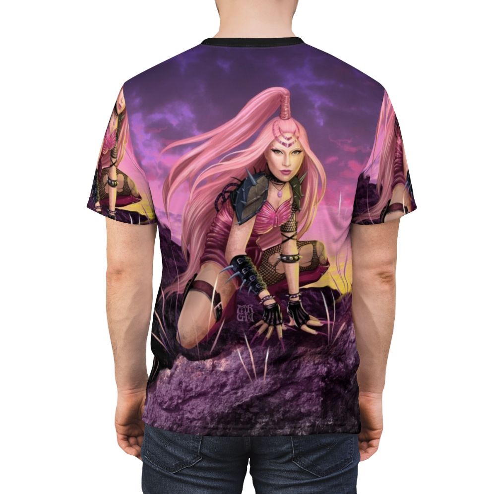 Unisex t-shirt with a vibrant pink warrior design, inspired by fantasy art and pop music - men back